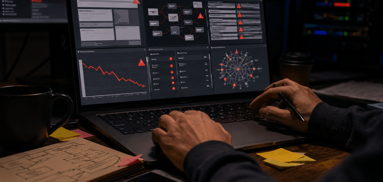 Close-up of an SEO expert troubleshooting website migration issues including crawl errors, redirect problems, and traffic drops on a laptop dashboard.