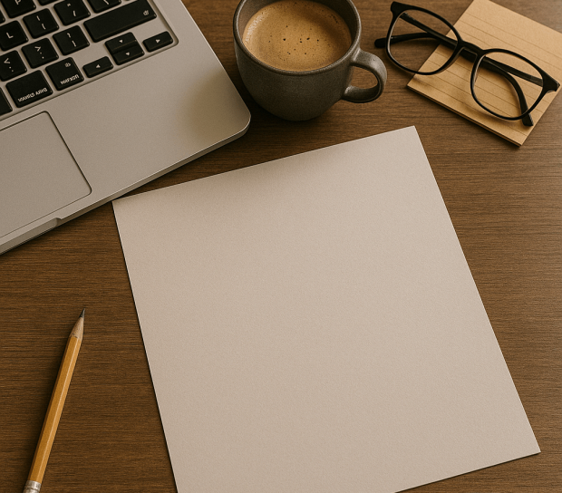 A realistic overhead view of a creative workspace with a laptop, coffee, glasses, pencil, and blank paper — representing strategic thinking and planning.